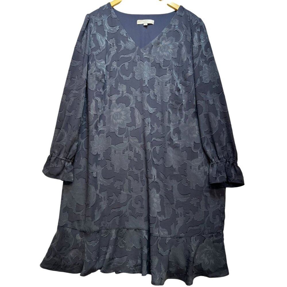 Loft Women's V Neck Dress Long Sleeve Lightweight Plus Size 16 Gray Blue Floral